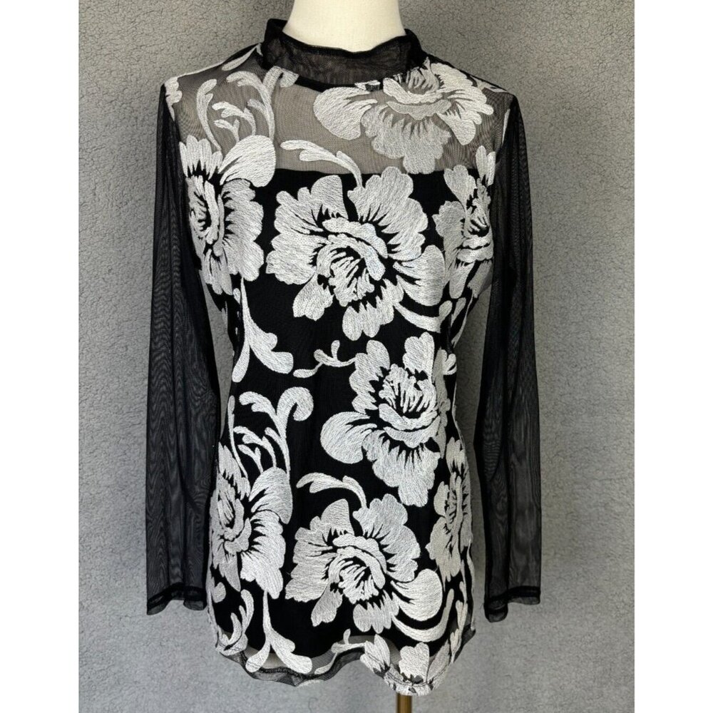 Floral Embroidered Black Mesh Top With Sheer Long Sleeves & Keyhole Back Detail